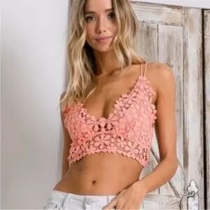 NWT Women's Large Pink Lace Bralette Floral Crochet Lace Up Back Boho Festival T